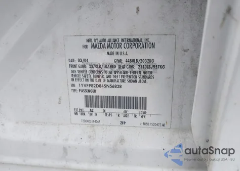 2004 Mazda Mazda6 S z USA, uszkodzony, nr VIN 1YVFP82D845N56838